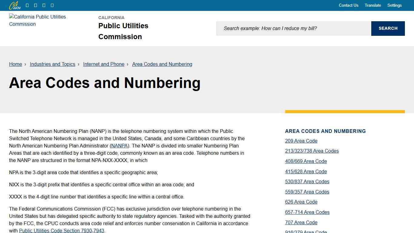 Area Codes and Numbering